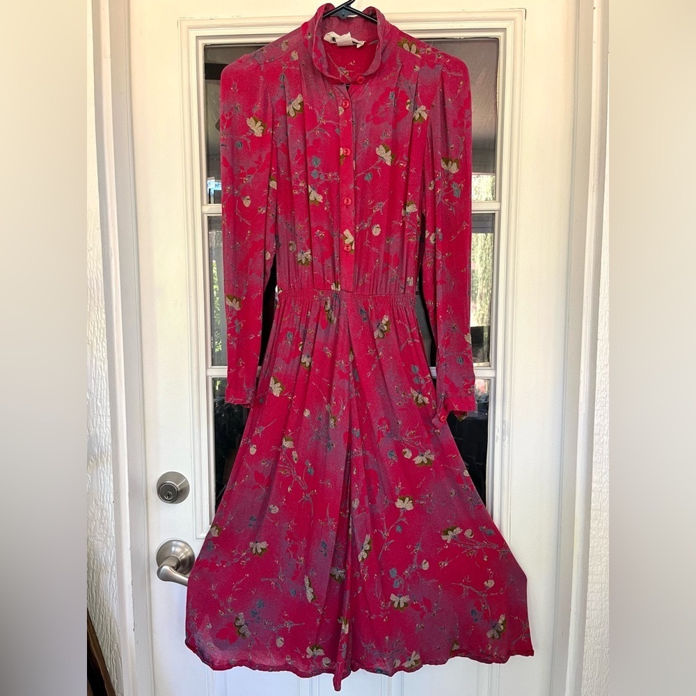 VTG Floral Long Sleeved Cerise Dress (Size 4)